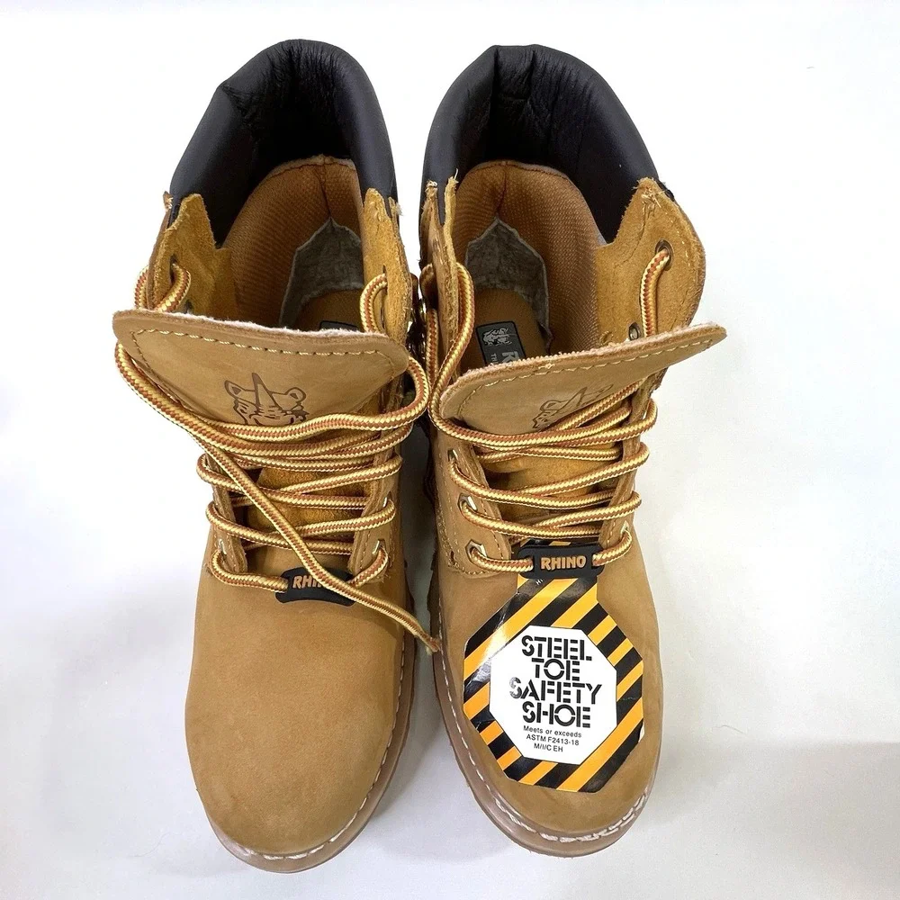 Rhino Mens Steel Toe Work Boots Size 9.5 Leather Insulated Safety Shoes Tan